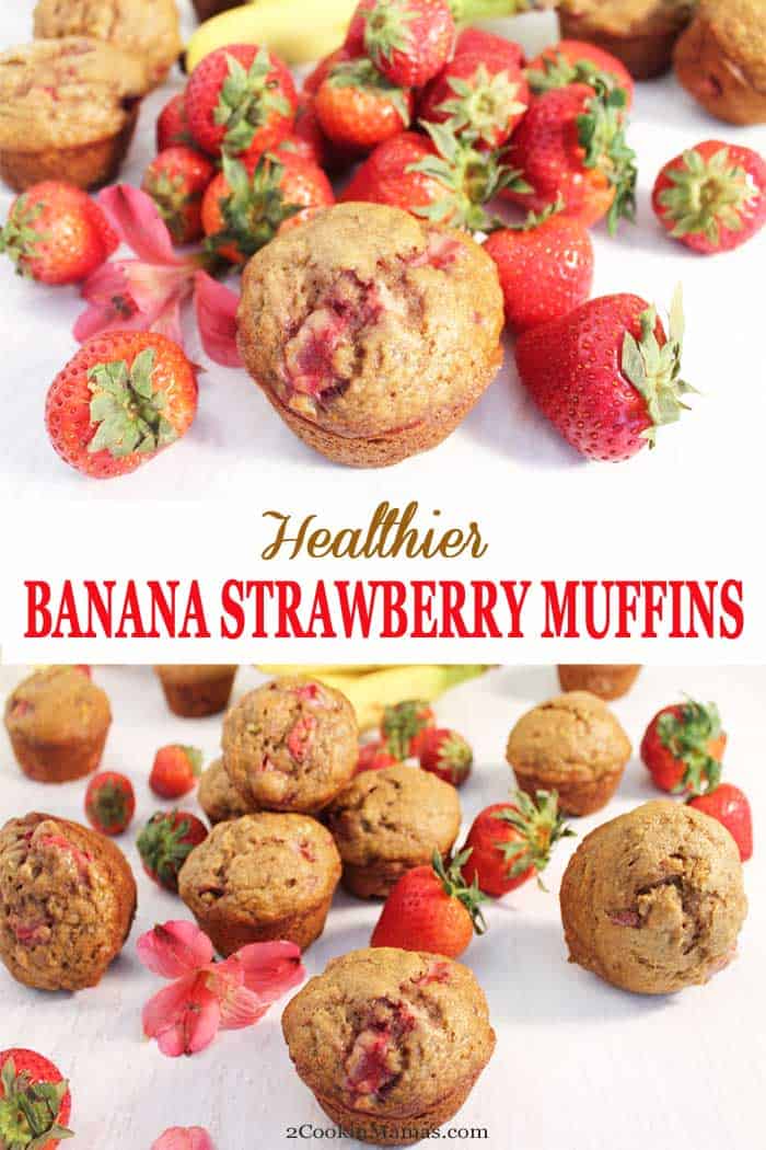 Top Photo: Muffin surrounded by fresh strawberries on white marble. Bottom photo: Baked muffins scattered on white table with strawberries.