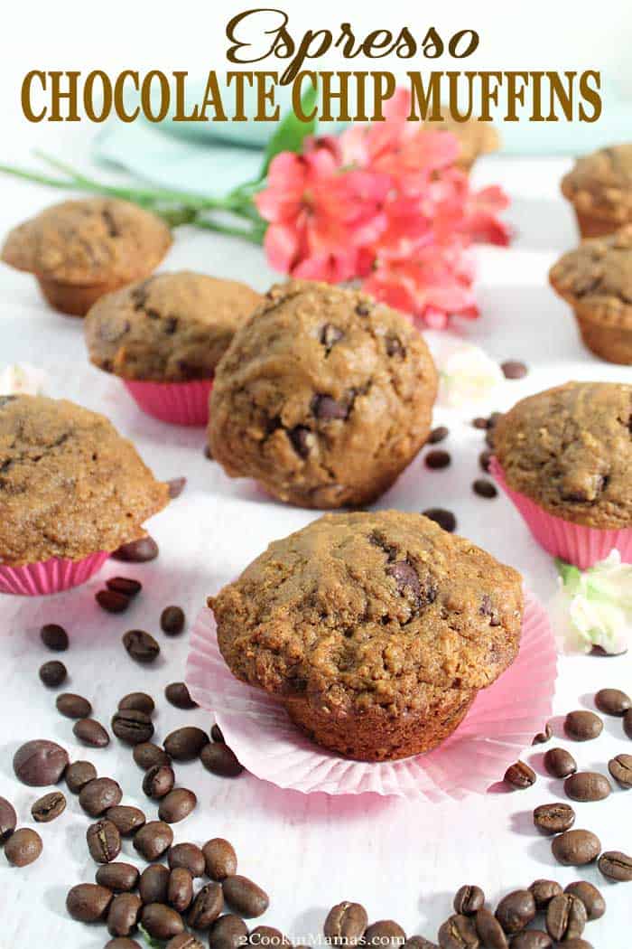 Espresso Chocolate Chip Muffins 2 | 2 Cookin Mamas These  bakery-style Espresso Chocolate Chips Muffins are moist, dense and rich with a distinct coffee taste. That smooth espresso flavor combines perfectly with the sweet chocolate chips to make these muffins the perfect breakfast or afternoon snack for coffee lovers. #muffins #espresso #coffee #chocolatechips #baking #breakfast #snack #recipe