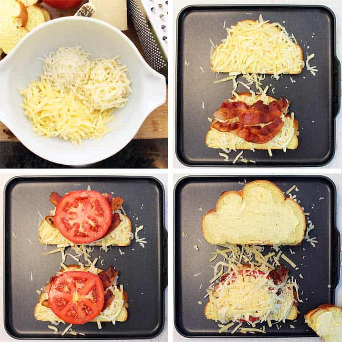 6 steps to make grilled cheese including mixture of shredded cheeses and piling on bacon and tomatoes.