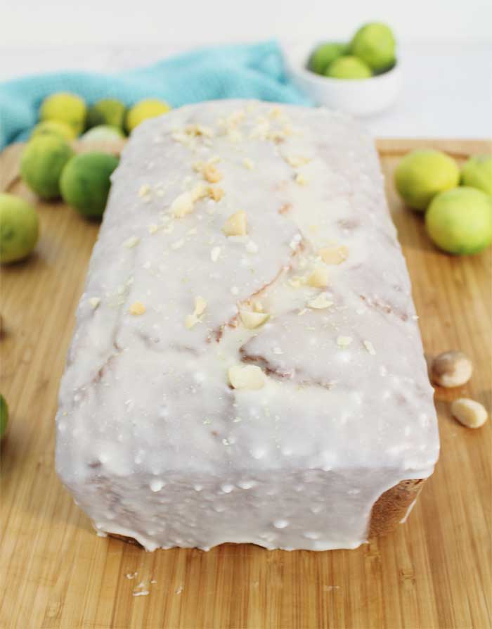 Key Lime White Chocolate Macadamia Bread fully glazed