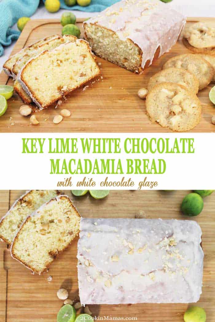 Key Lime White Chocolate Macadamia Bread | 2 Cookin Mamas Key Lime White Chocolate Macadamia Bread is the perfect quick bread for summer. Zesty key limes flavor a moist, tender pound cake-like bread filled with bits of white chocolate and chunks of salty macadamia nuts. Covered with a glaze of rich white chocolate, it not only makes the perfect breakfast treat but a tasty dessert as well! #bread #quickbread #keylime #whitechocolate #macadamianuts #breakfast #dessert #lime #recipe