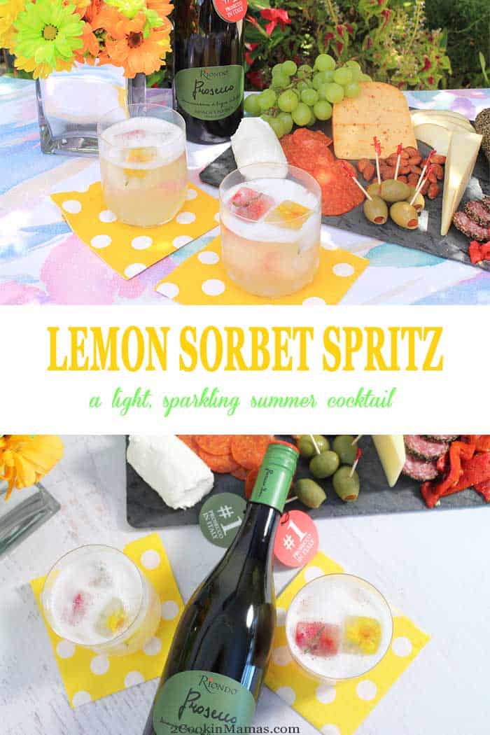 Lemon Sorbet Spritz | 2 Cookin Mamas A light refreshing summer cocktail for everyday enjoyment. Prosecco & sparkling water give this cocktail with a vodka twist just the right amount of effervescence while the lemon sorbet ice cubes chill it to the perfect temperature. Great for backyard BBQs, picnics, happy hours and sipping oceanside. #ad #RiondoProsecco #nationalproseccoday #ItalianForsummer #riondococktail #cocktail #summer #recipe #prosecco #sorbet