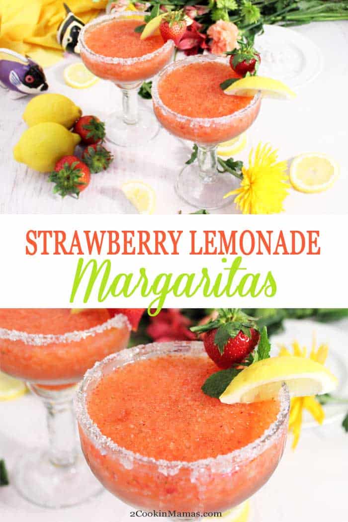Strawberry Lemonade Margaritas are a refreshing summer take on your standard margarita. They combine all the flavors of summertime, tart lemons and sweet, juicy strawberries with the always popular margarita for a quick and easy adult cocktail. #cocktail #margarita #lemonade #strawberries #recipe #summerdrink