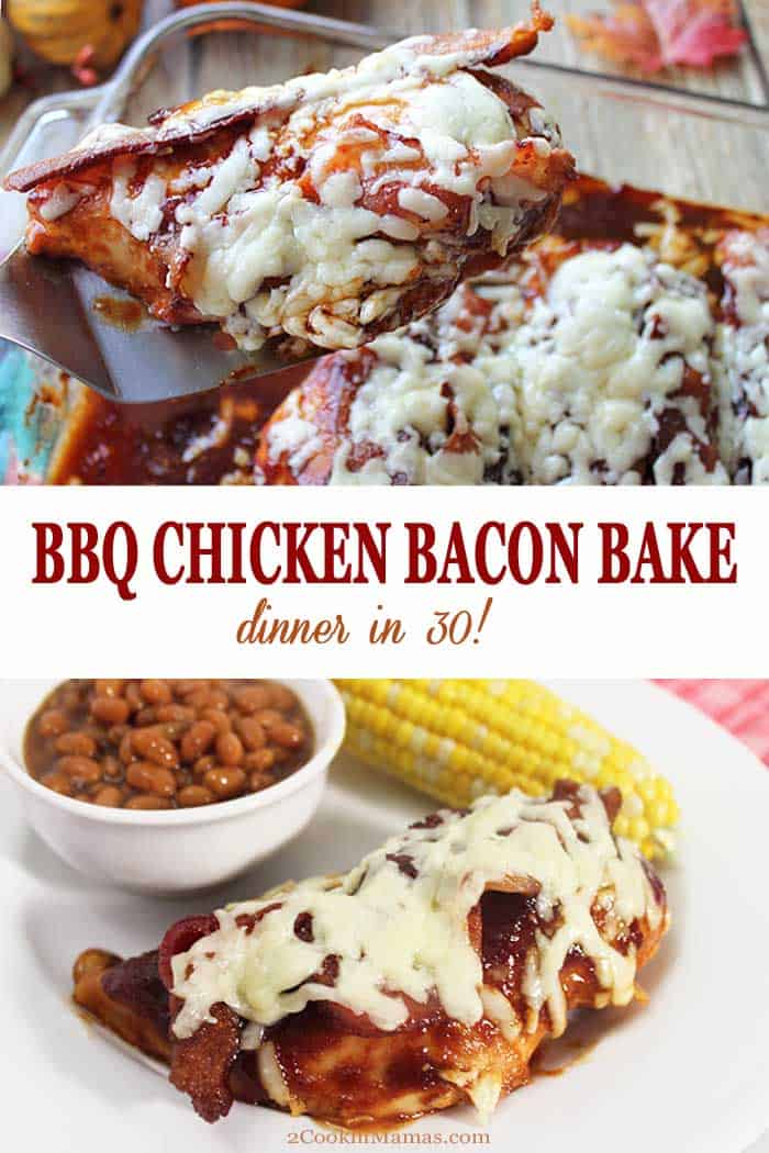 This BBQ Chicken Bacon Bake is an easy recipe for busy weeknights. Chicken is layered with your favorite BBQ sauce then topped with crispy bacon and melted cheddar cheese for the perfect comfort food dinner. And it's ready in about 30! #dinner #chicken #recipe #bacon #cheese