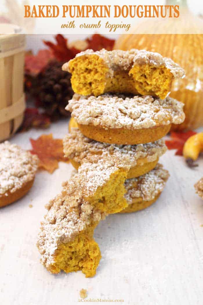 These Baked Pumpkin Doughnuts are the perfect homemade treat for fall. Moist, full of spiced pumpkin flavor and topped with sweet cinnamon crumbs, you won't be able to stop at just one! They're quick and easy and make a great on-the-go breakfast or afternoon snack. #doughnuts #donuts #pumpkin #breakfast #snack #baked #homemade #recipe #fall