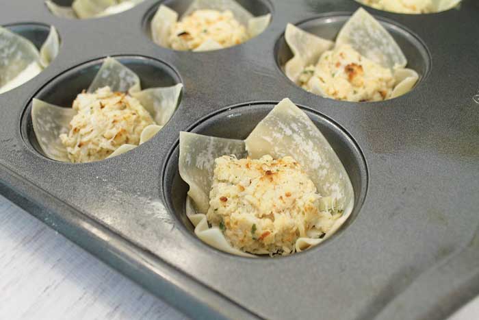 Goat Cheese Crab Wonton Cups ready to bake closeup