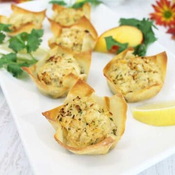 Goat Cheese Crab Wonton Cups with nectarine Salsa square