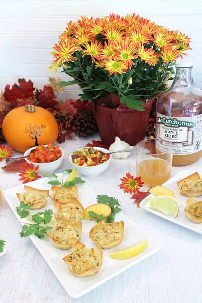 Goat Cheese Crab Wonton Cups with nectarine Salsa table setting