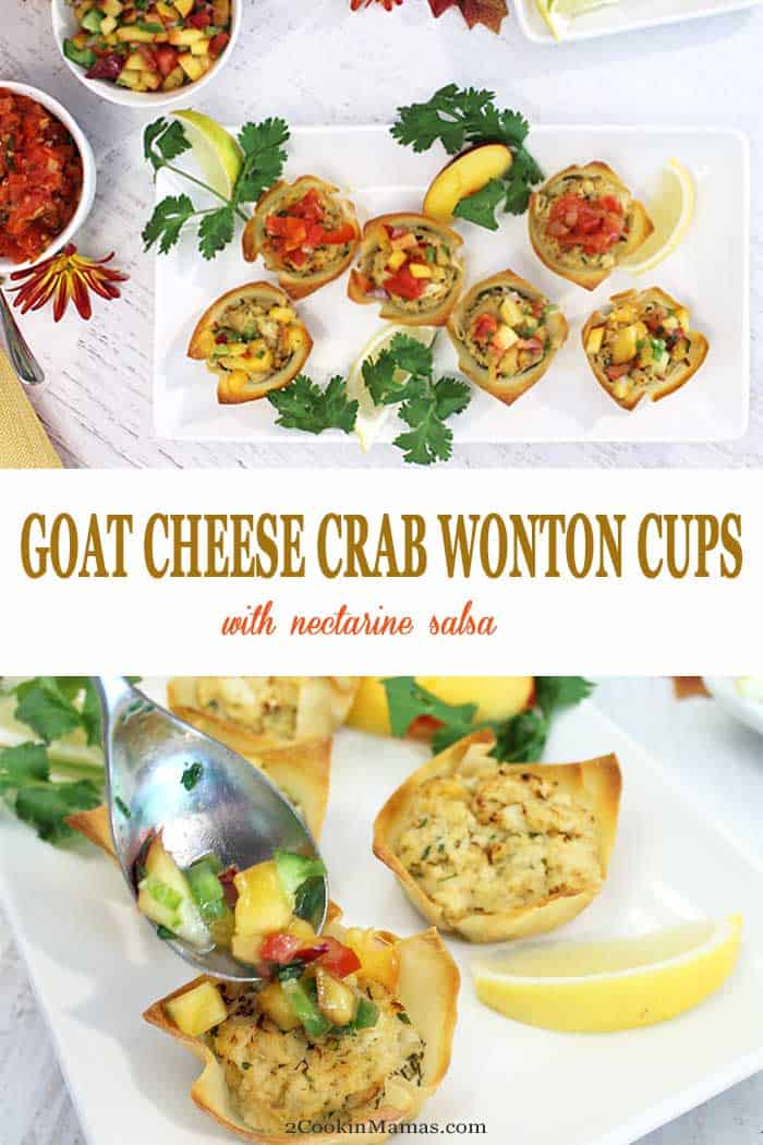 Goat Cheese Crab Wonton Cups | 2 Cookin Mamas Goat Cheese Crab Wonton Cups are an easy, tasty appetizer for entertaining. Creamy goat cheese is topped with a mini crab cake and baked in a wonton cup for the perfect handheld appetizer that is sure to please all seafood lovers. Top them with a little nectarine salsa for an extra special kick. #appetizer #crabcakes #goatcheese #fall #recipe #wontoncups #TheFreshMarket #TFMCrabBash @TheFreshMarket #AD