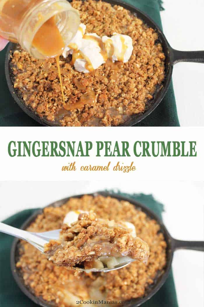This easy Gingersnap Pear Crumble is just what you need to greet the autumn season. A sweet pear filling, seasoned with ginger, is topped with a nutty gingersnap-oat crumble that bakes up sweet and crunchy. Great to serve warm with a scoop of vanilla ice cream and a drizzle of caramel sauce. A dessert that's casual enough for everyday and delicious enough for company. #pearcrumble #pears #dessert #fall #easyrecipe #gingersnaps #oats #walnuts