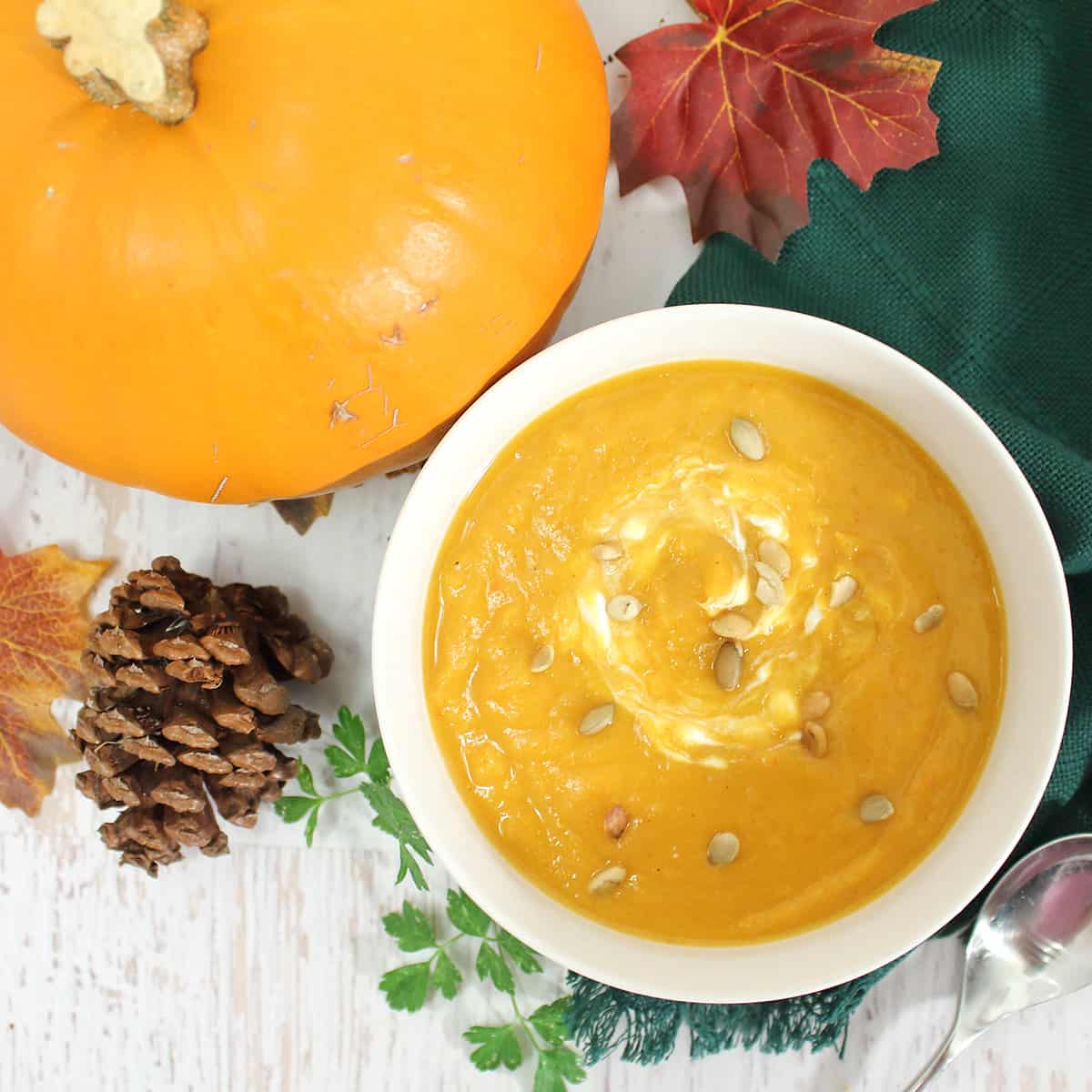 Bowl of butternut squash soup next to pumpkin and pine cone.