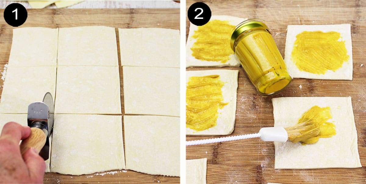 Cutting puff pastry and spreading with mustard.