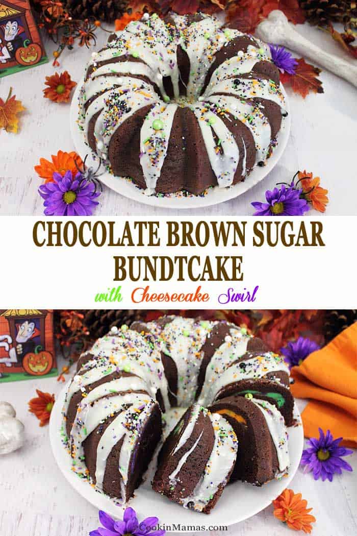 Chocolate Brown Sugar Bunddt Cake with Cheesecake Swirl | 2 Cookin Mamas This Chocolate Brown Sugar Bundt Cake with Cheesecake Swirl is a rich, dense chocolate cake with a surprise inside. Sweet cheesecake swirls in oranges, green, purple and white decorate the dark chocolate color while a white chocolate glaze completes this chocolate lovers dream dessert. Perfect for Halloween or change the colors and use for Christmas, Easter or patriotic holidays. #dessert #cake #bundtcake #chocolatecake #cake #Halloween #recipe #cheesecake #sponsored @Imperialsugar