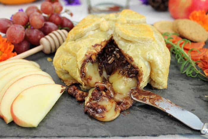 Chocolate Honey Walnut Baked Brie closeup cut