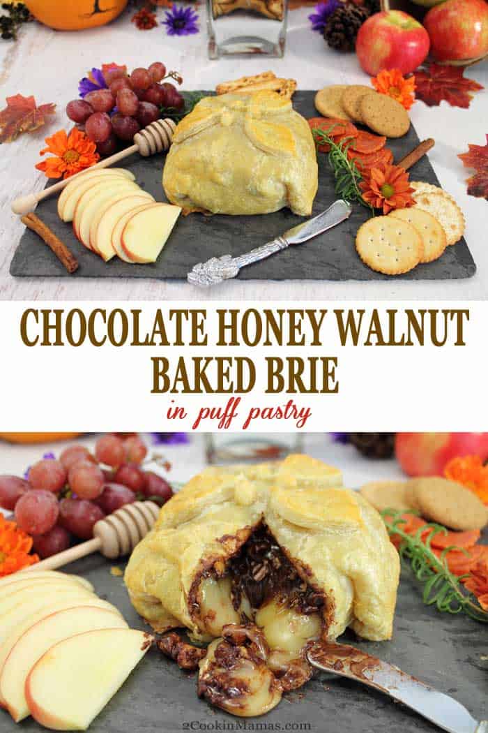 Chocolate Honey Walnut Baked Brie in Puff Pastry | 2 Cookin Mamas Cheese trays never tasted or looked better than with this unusually delicious Chocolate Honey Walnut Brie in Puff Pastry on them. Cut into the flaky pastry and watch the softened brie, melted chocolate and cinnamon walnuts ooze out. It's truly a mouthwatering appetizer for holiday parties. #appetizers #brie #cheesetray #chocolate #puffpastry @ForteChocolates #Choctoberfest #sponsored