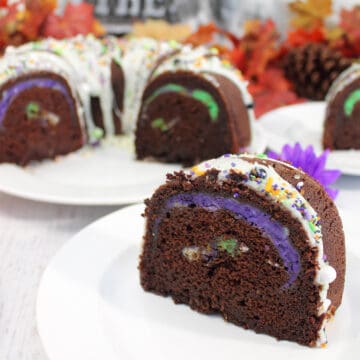 Slice of cake showing cream cheese swirl.