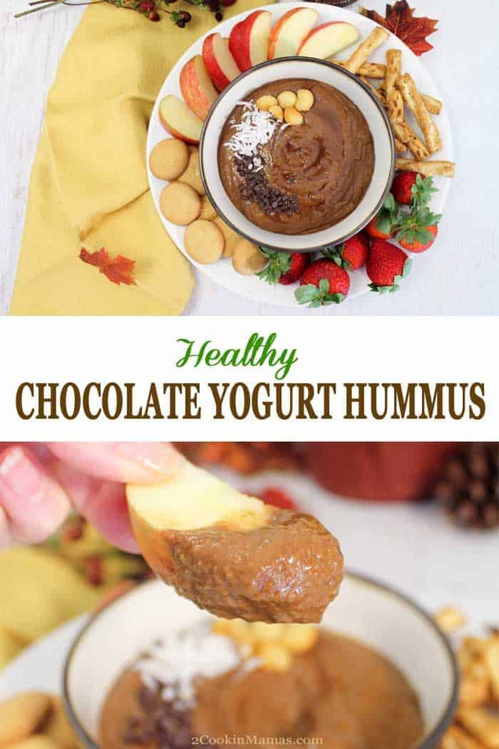 Healthy Chocolate Yogurt Hummus | 2 Cookin Mamas A rich, decadent and easy to make Chocolate Yogurt Hummus that is actually good for you! Only 6 simple ingredients and 5 minutes whips up this healthy, smooth, chocolaty dip that's perfect for your next afternoon snack or cocktail party. Serve with strawberries, pretzels and vanilla wafers. #hummus #chocolate #yogurt #appetizer #dessert #dip #healthy #recipe #easy