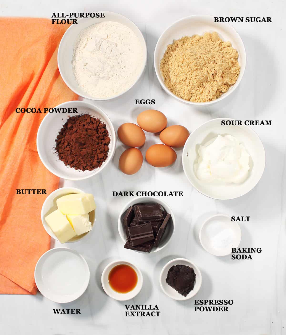 Ingredients for Chocolate Bundt Cake.