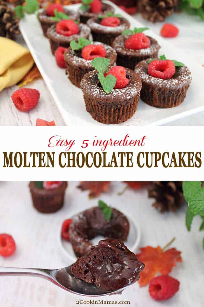 Molten Chocolate Cupcakes | 2 Cookin Mamas These easy Molten Chocolate Cupcakes are a chocolate lovers dream. Rich fudgy chocolate surrounds a liquid chocolate center that you'll want to eat with a spoon to get every single drop. Just 5 ingredients and less than 20 minutes for a showstopping dessert. #cupcakes #chocolate #dessert #easyrecipe #recipe #Choctoberfest @divinechocolateusa #sponsored