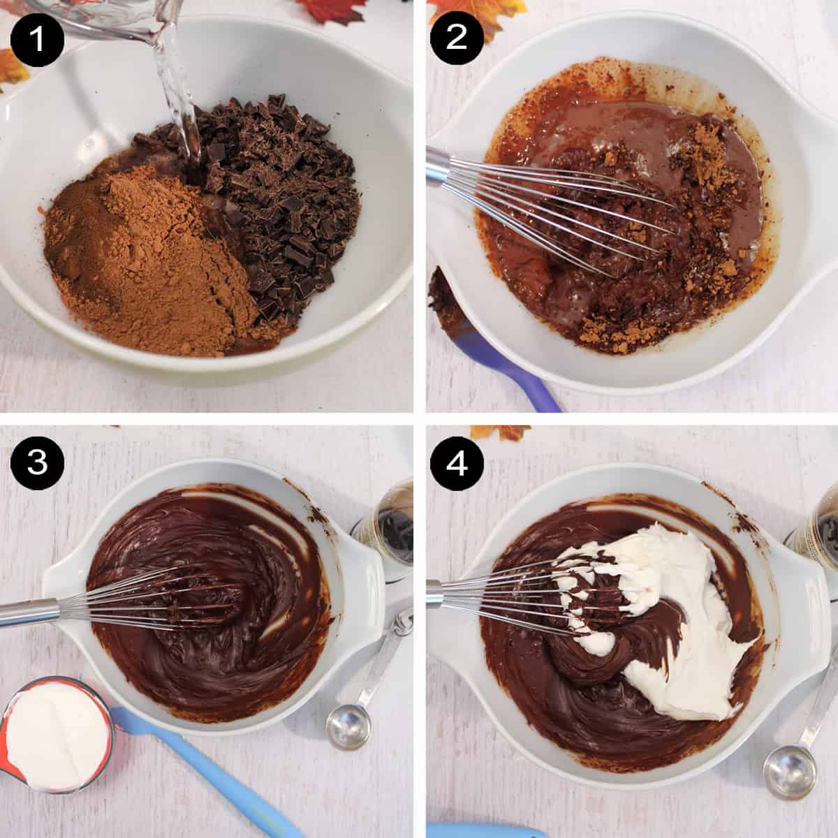 Steps 1-4 to make chocolate bundt cake.