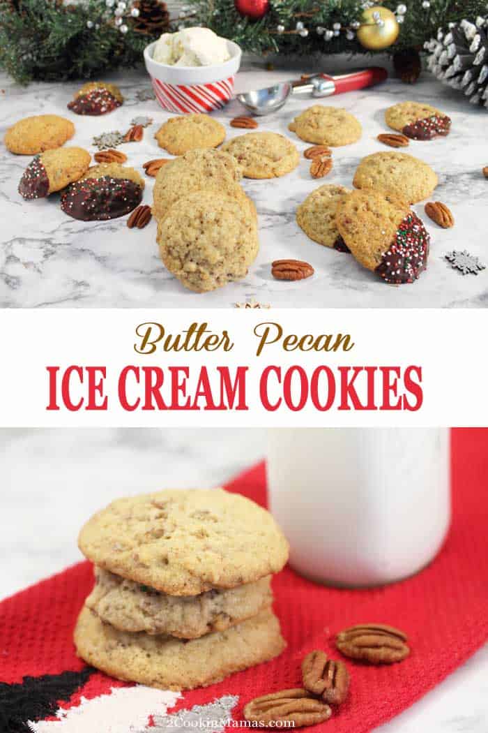 These Butter Pecan Ice Cream Cookies bring the taste of your favorite ice cream to a cookie. Easy to make, sweet and nutty with the delicious flavor of creamy ice cream in every bite. The perfect nut cookie to add to your holiday cookie list. #cookies #christmascookies #holidaybaking #pecans #icecream #recipe
