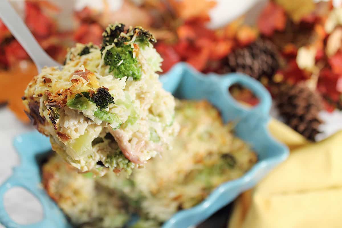 Lifting spoonful of chicken broccoli casserole out of casserole.
