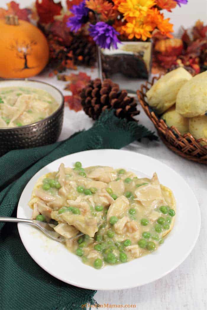 Chicken a la King / Turkey a la King | 2 Cookin Mamas Chicken a la King is a creamy, rich, comfort food that's perfect for any night of the week. And it's as easy as 1-2-3! Quickly made using rotisserie chicken or leftover holiday turkey, peas, cream and a touch of sherry. A dinner that tastes like anything other than leftovers & ready in 30! #dinner #chicken #turkey #easyrecipe #recipe #leftovers #comfortfood via @2CookinMamas