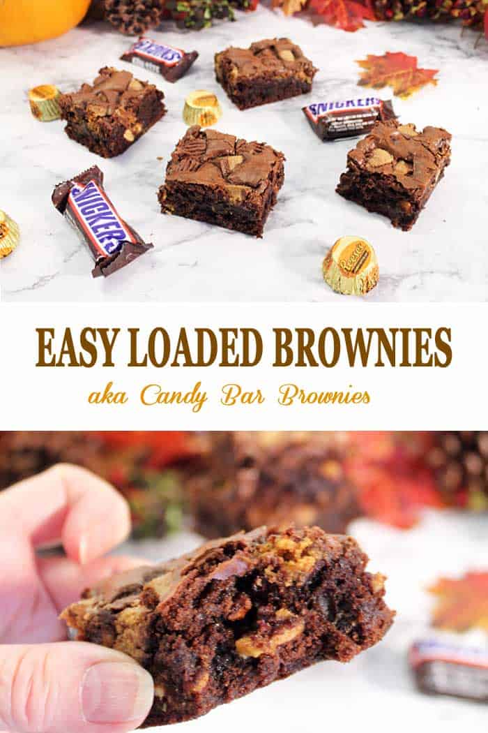 Easy Loaded Brownies | 2 Cookin Mamas Dense, chocolaty Loaded Brownies that start with a box mix, add your favorite candy bar, Snickers is my go-to, then top with Reese's Peanut Butter Cups. They bake up fudgy and rich with the flavor of your favorite candy bar nestled in the dense brownie and a layer of peanut butter and chocolate on top. The perfect dessert for any chocolate lover! #brownies #easyrecipe #chocolate #candybars #peanutbuttercups #snickers #halloweencandy #dessert #snack #recipe
