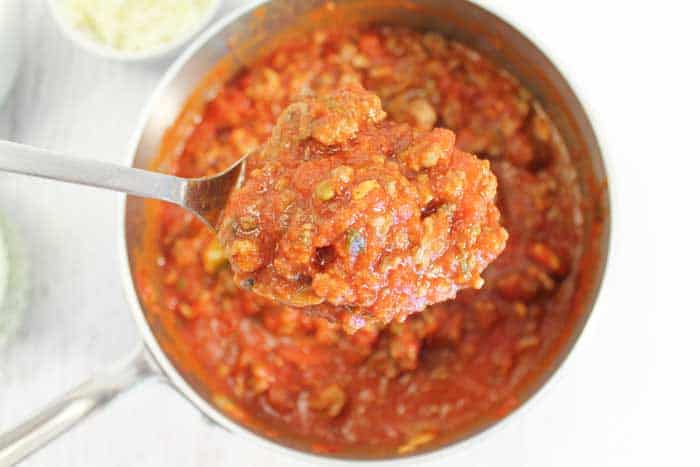 Homemade Meat Lasagna meat sauce closeup