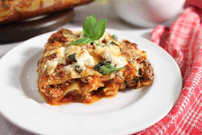 Homemade Meat Lasagna serving closeup