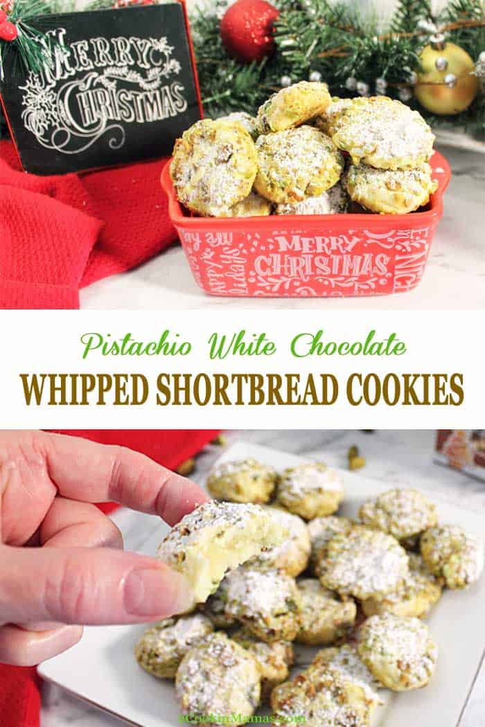 Melt in your mouth Pistachio Whipped Shortbread Cookies are crumbly, soft, buttery and slightly sweet. There’s a hint of flavor from the liqueur, an added richness from the white chocolate chips and a nice crunch from the pistachios. Easy to make and a great addition to your Christmas cookie tins. #shortbread #cookies #christmas #christmascookies #recipe #pistachios #whitechocolate