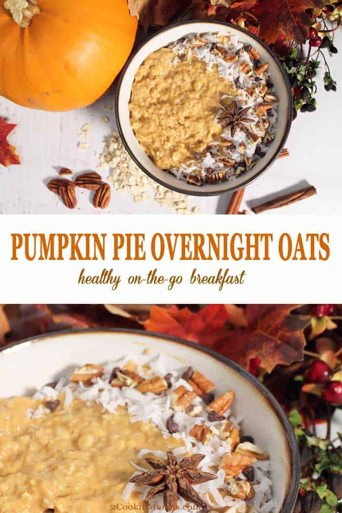 Pumpkin Pie Overnight Oats | 2 Cookin Mamas Hot, healthy oatmeal for breakfast during the week is not a dream! This Pumpkin Pie Overnight Oats is easy to prepare the night before then just heat and serve the next morning. Full of pumpkin pie flavor and spice and plenty of protein and fiber, it's bound to get your day started on the right foot. #oatmeal #overnightoats #breakfast #easyrecipe #recipe #pumpkin #greekyogurt #maplesyrup #oats