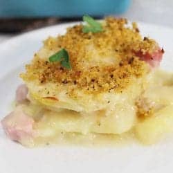 Cheesy Scalloped Potatoes and Ham stack on plate square