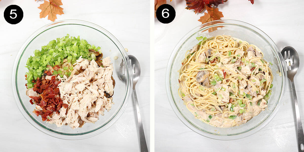 Mixing pasta with vegetables.