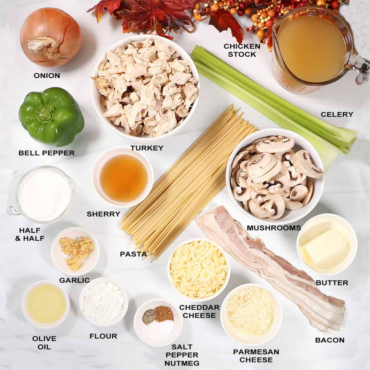 Ingredients for turkey tetrazzini recipe.