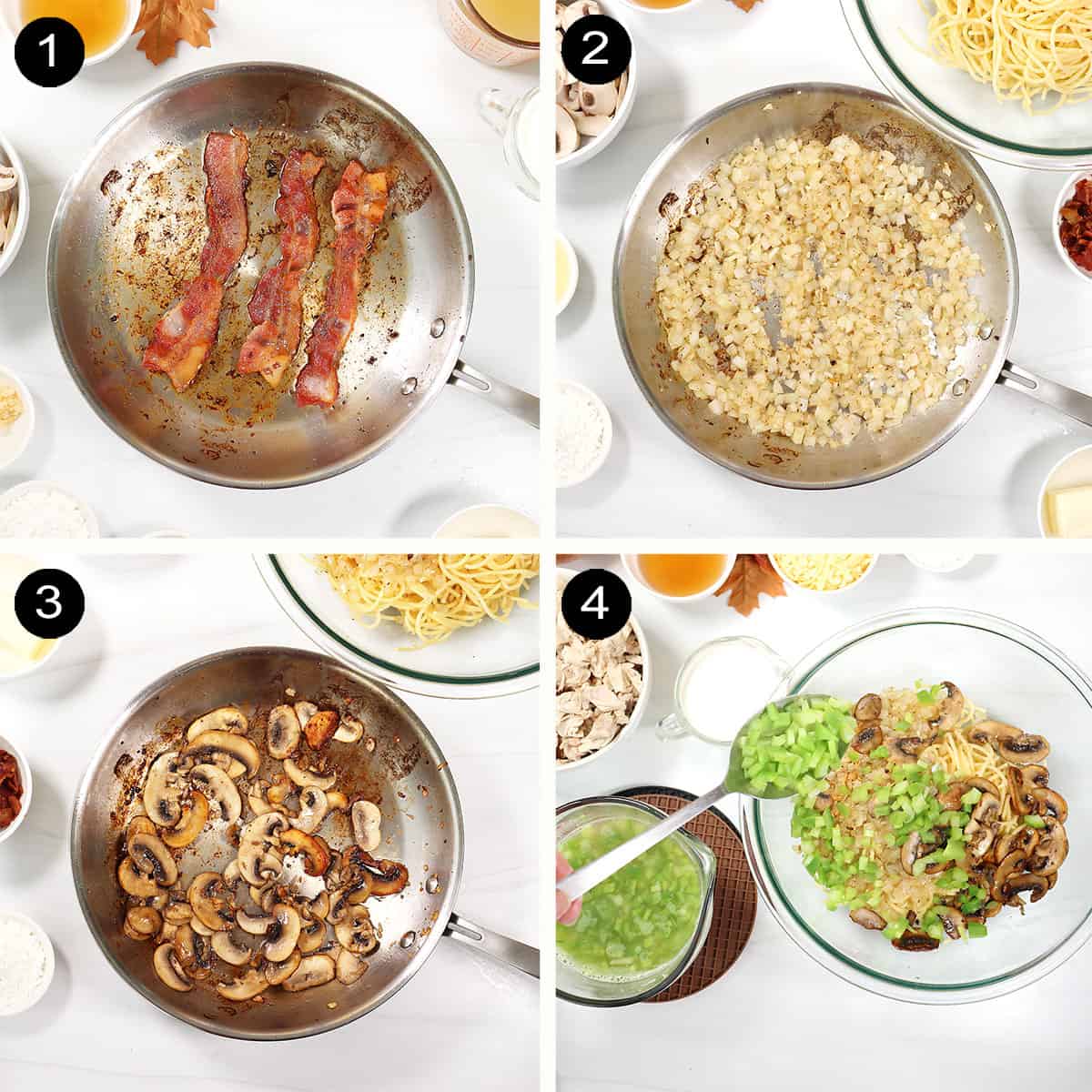 Prep steps for pasta vegetable mixture.