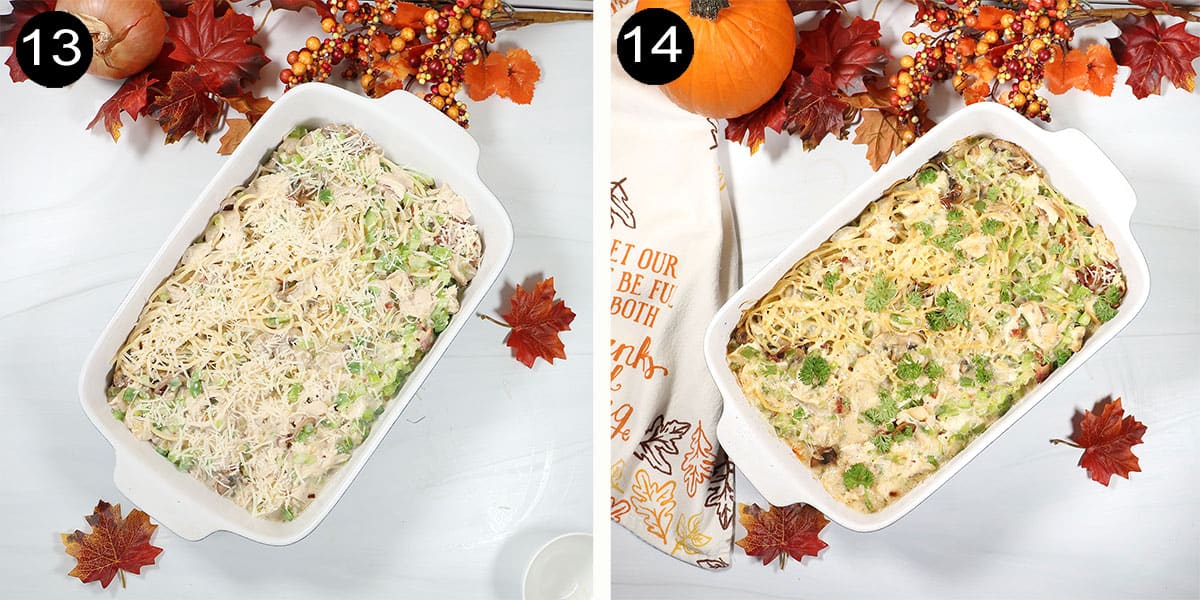 Unbaked and baked turkey tetrazzini casserole.