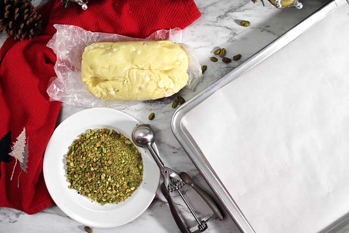 Pistachio Whipped Shortbread Cookies ready to assemble