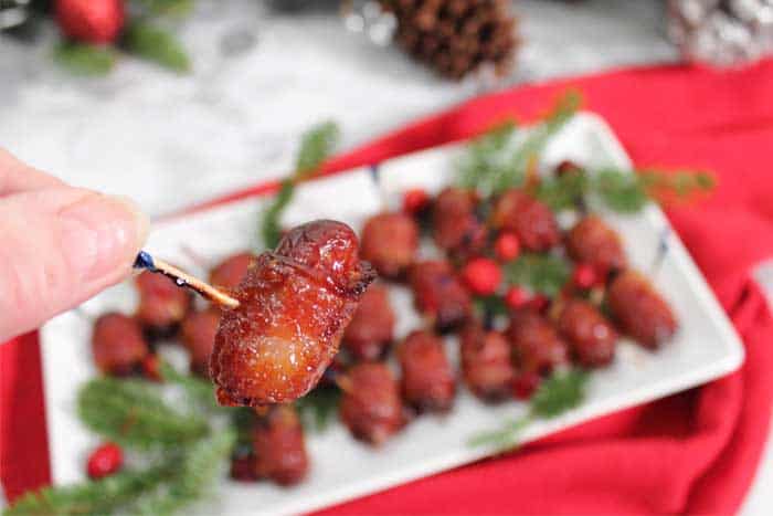 Candied Bacon Wrapped Smokies bite
