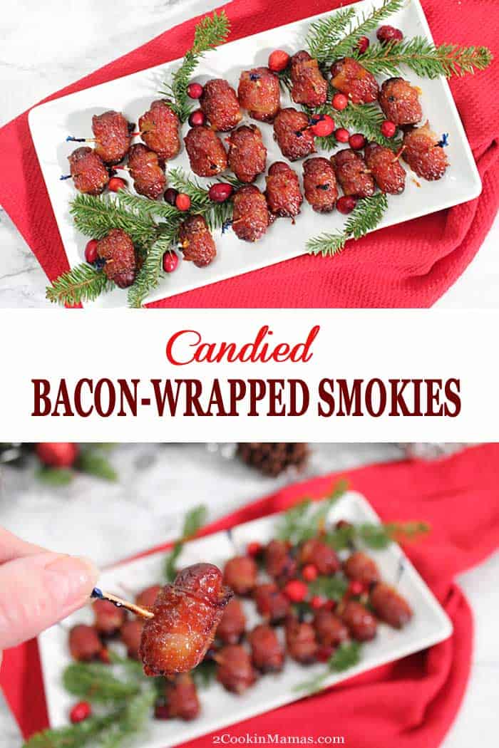 These Candied Bacon Wrapped Smokies should come with a warning. Addictive, super delicious and easy to make, smoky sausages are wrapped in bacon and topped with a brown sugar glaze that bakes into a glazed candy-like finish. It's an appetizer that's sure to be the hit of any New year's Eve party or Bowl game. #appetizer #sausage #bacon #newyearseve #tailgating #partyappetizer #recipe