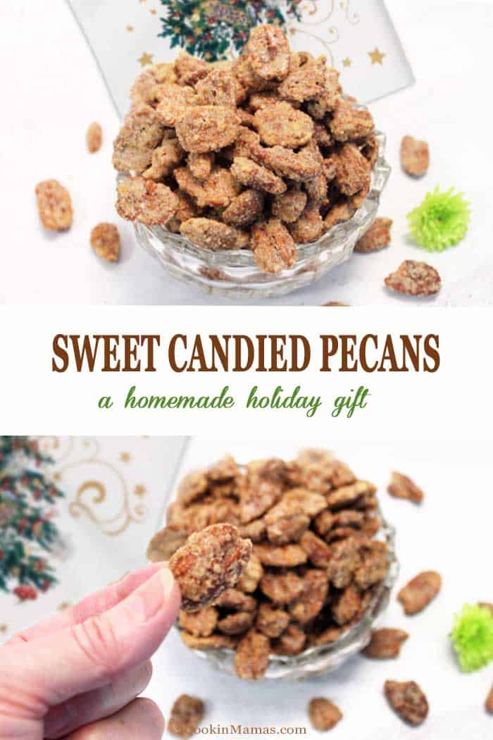 Sweet Candied Pecans | 2 Cookin Mamas These sweet Candied Pecans are so delicious you won't be able to stop eating them! Easy to make homemade candied pecans are cinnamon sugar-coated nuts that are baked to a sweet and crunchy finish. If the taste doesn't get you the aromas coming from your kitchen will! #pecans #candied #snack #cinnamonsugar #recipe #easyrecipe #christmas #holidayhomemadegifts #christmas #homemade