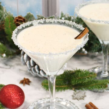 Closeup of single martini dressed for Christmas.