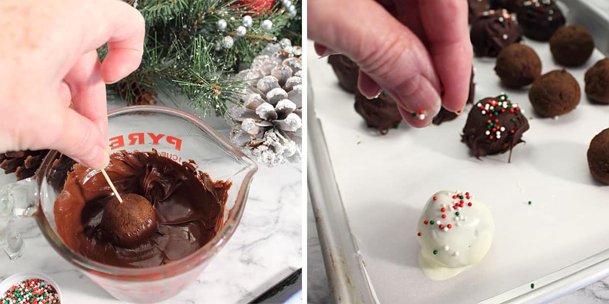 Dipping truffles into chocolate and sprinkling with sprinkles.