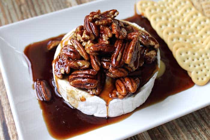 Kahlua Pecan Baked Brie closeup whole wide