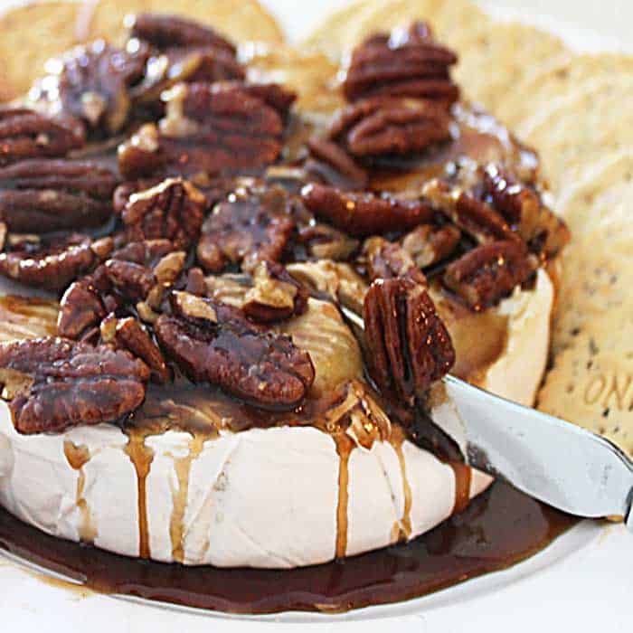 Kahlua Pecan Baked Brie square cutting