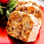 Closeup of sliced Christmas fruit cake.