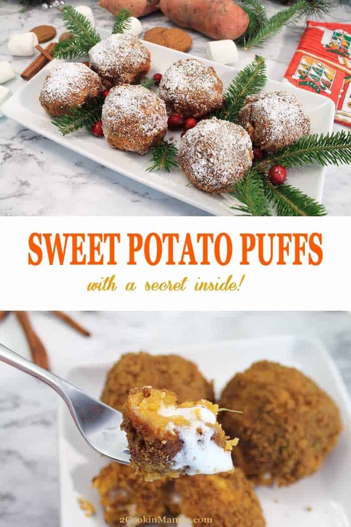 Sweet Potato Puffs | 2 Cookin Mamas These Sweet Potato Puffs are the perfect side for a holiday dinner. Whipped sweet potatoes are sweetened with brown sugar and flavored with spices, wrapped around a marshmallow then rolled in gingersnaps and baked. Guests get the perfect surprise when the puffs are cut and all the melted marshmallow oozes out all sweet and sticky. It's like an inside out sweet potato casserole! #sweetpotatoes #sidedish #recipe #marshmallows #gingersnaps #fall #thanksgiving #christmas