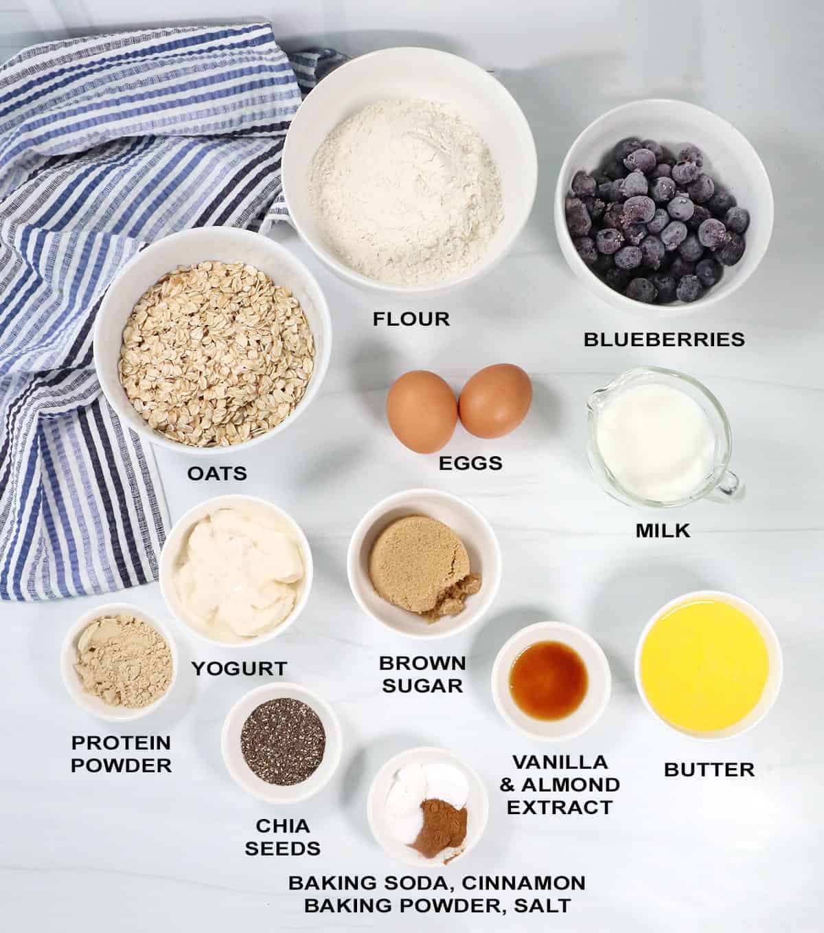 Ingredients for blueberry oatmeal muffins.