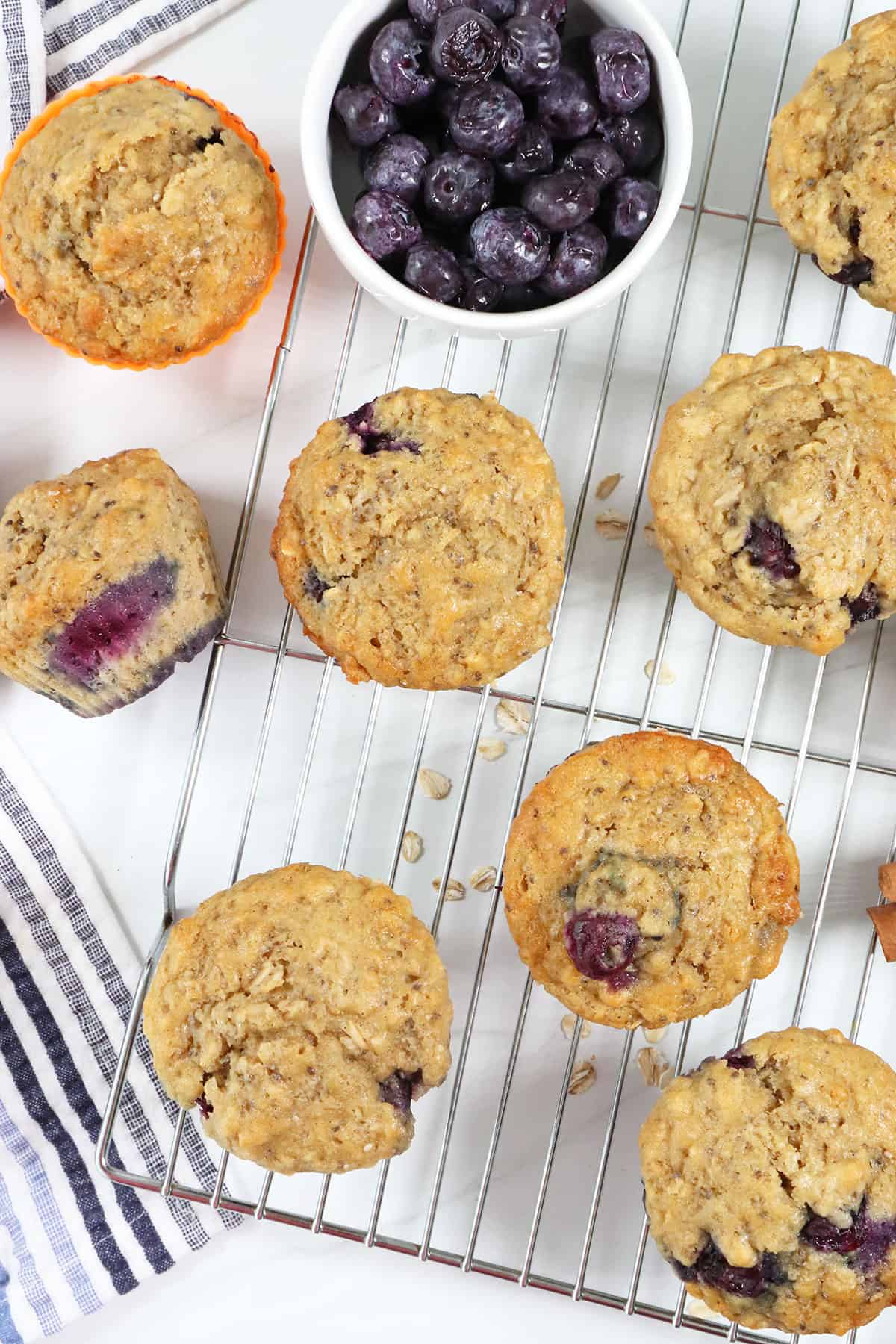 Blueberry Oatmeal Muffins on wire rack.