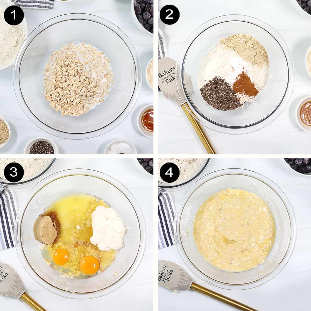 Steps 1-4 to make Blueberry Oatmeal Muffins.